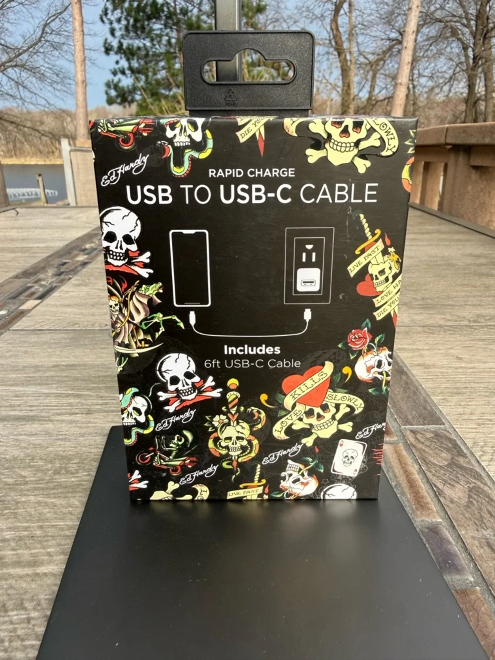 NIB Ed Hardy Black USB to USB-C Cable with Multicolor Tattoo Art